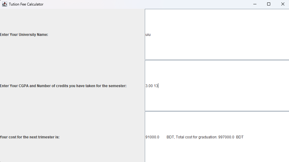 Tuition Fee Calculator interface
